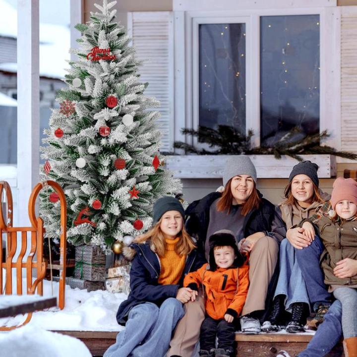 Kunstkerstboom met 200 ledverlichting, 150 cm premium dennenboom, kunstkerstboom met natuurwitte sneeuwvlokken, 400 takpunten, van PE en pvc dennennaalden, snel op te bouwen, klaps