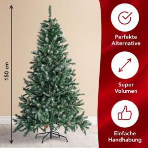 Claus Premium besneeuwde kunstkerstboom, 150 cm, hoogwaardige kunstdennenboom met metalen standaard, bosgrenen, met sneeuweffect en echte dennenappels
