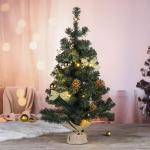 Kunstkerstboom, 75 cm, versierd met ballen, sterren, dennenappels, strikken, slinger, en een lichtkettting met 20 ledlichtjes, 1 batterij