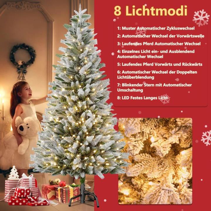 150 cm Kunstlicher Weihnachtsbaum Premium Tannenbaum Künstlich mit Schnee-Effekt und Beleuchtung 200 LED Warmes Weiß Naturgetreuer Christbaum mit Metallständer für Weihnachten-
