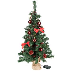Kunstkerstboom, 75 cm, versierd met ballen, sterren, dennenappels, strikken, slinger, en een lichtkettting met 20 ledlichtjes, 1 batterij