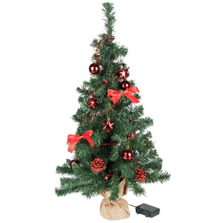 Kunstkerstboom, 75 cm, versierd met ballen, sterren, dennenappels, strikken, slinger, en een lichtkettting met 20 ledlichtjes, 1 batterij