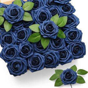 50 Stück Blaue Rosen, künstliche Blumen, Marineblau, künstliche Rosen, echt aussehende Schaumstoff-Rosen, Bulk mit Stiel für DIY, Hochzeitssträuße, Tafelaufsätze, Party, Zuh