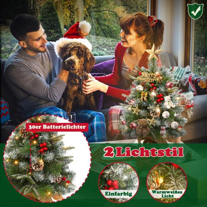 60 cm mini-kerstboom, kunstkerstboom met verlichting, kunstkerstboom met sneeuweffect, met 30 warmwitte leds, dennenappels en rode bessen voor Kerstmis