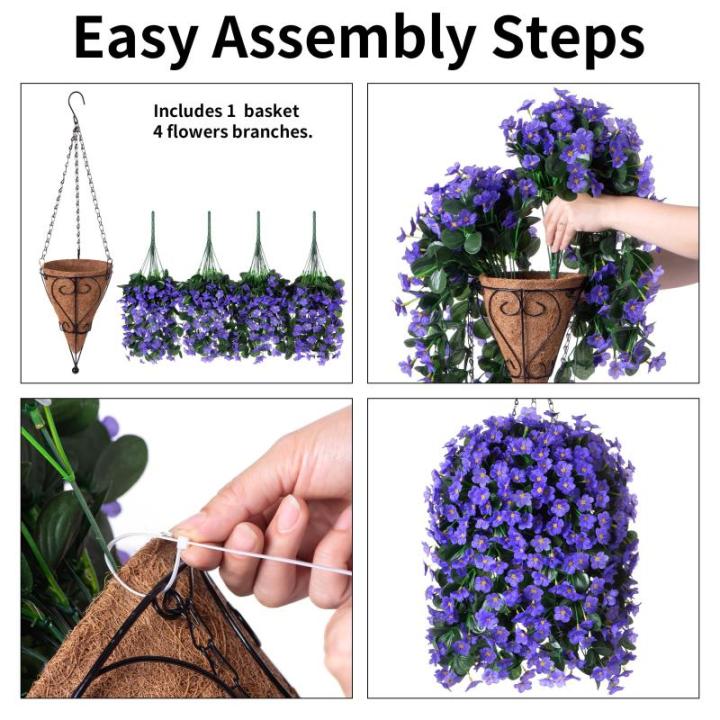 Hangende mand met , bloem hangende plantenbak, kunstzijde Morning Glory wijnstokken, kunstgroen plantenarrangement voor buiten tuin tuin zakje patio binnen woondecoratie (paars)