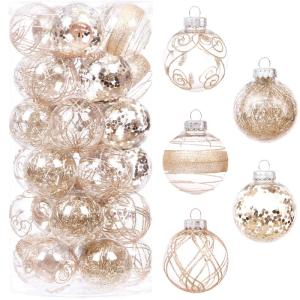 Onbreekbare doorzichtige plastic van 60 mm met glitterschilderij, transparant, doorzichtige kristallen , kerstboomdecoraties (30 stuks, champagne)