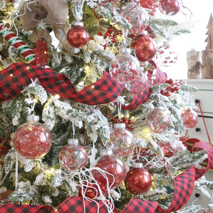 60 mm/2,36 inch onbreekbare doorzichtige plastic kerstbal ornamenten set met glitter schilderij, transparant, doorschijnend, kristallen , kerstboomdecoraties (30 tellingen, rood)