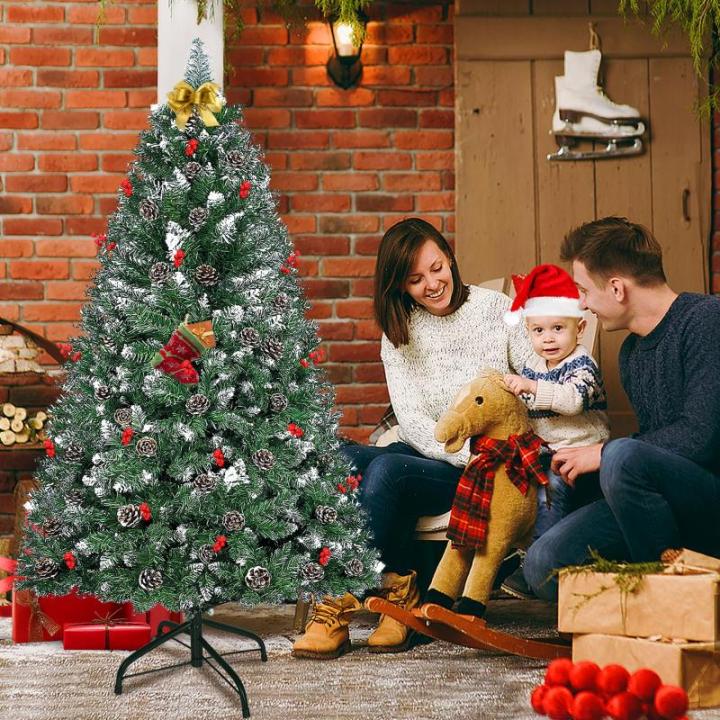 Kunstkerstboom, 150 cm, met 500 pvc-punten, 24 dennenappels en 18 rode vruchten, Ø 95 cm, kunstkerstboom van moeilijk ontvlambaar, met sneeuweffect en metalen standaard