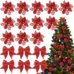 12 stuks glitter kerstster bloemen met 6 stuks glitter kerststrikken decoratie kerstboomversiering kerstdecoratie voor kerstboom Nieuwjaar decoraties