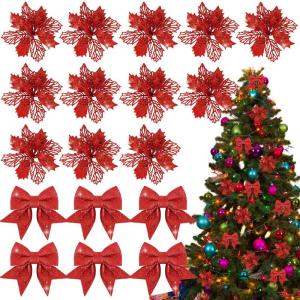 12 stuks glitter kerstster bloemen met 6 stuks glitter kerststrikken decoratie kerstboomversiering kerstdecoratie voor kerstboom Nieuwjaar decoraties