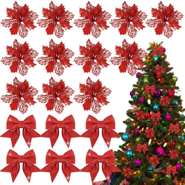 12 stuks glitter kerstster bloemen met 6 stuks glitter kerststrikken decoratie kerstboomversiering kerstdecoratie voor kerstboom Nieuwjaar decoraties