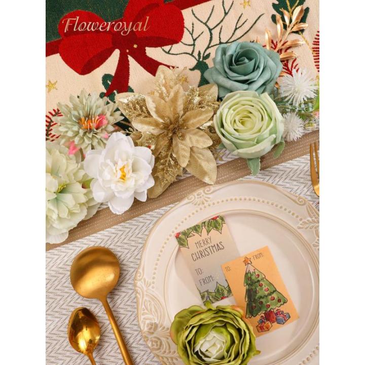 Kunstkerststerren, zijden bloemen, kunstrozen met stelen voor bruiloft, bruidsboeketten, tafeldecoratie, kerstdecoratie (goud, zilver en lichtgroen)