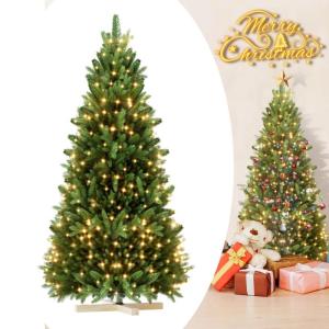 Kunstkerstboom, 150 cm, van PE en pvc, met stabiele houten standaard, realistische dennenboom, kunstkerstboom met ledverlichting voor feestelijke decoratie, snel op te bouwen, klap
