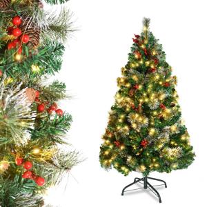 Ilex Kerstboom, 150 cm, kunstkerstboom met 8 lichtmodi, verlichting, standaard, dennenappels, dichte takken, kerstboom Ø 90 cm