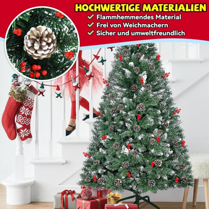 Kunstkerstboom, 180 cm met 800 pvc-punten, 37 dennenappels en 24 rode vruchten, Ø 110 cm, kunstkerstboom van moeilijk ontvlambaar, met sneeuweffect en metalen standaard