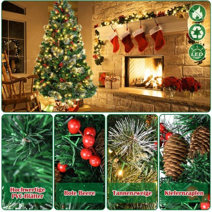 Kunstkerstboom met verlichting, led-dennenboom met metalen standaard, dennenappels, rode bessen en dennentakken, pvc-kerstboom voor kerstdecoratie, 150 cm