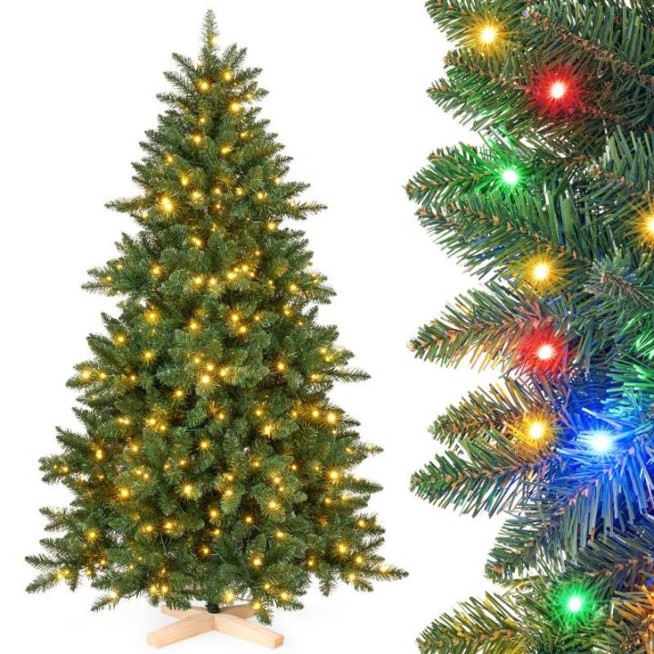 Kunstkerstboom met verlichting, kleurrijke led met houten standaard voor kerstdecoratie, 210 cm