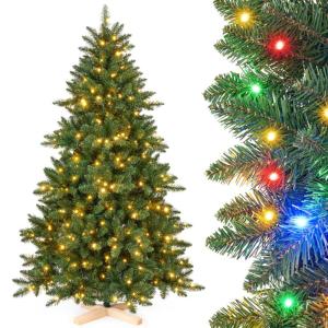Kunstkerstboom met verlichting, kleurrijke led met houten standaard, kerstdecoratie, 150 cm