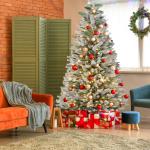 Kunstkerstboom met 450 ledverlichting, 210 cm premium kunstkerstboom met natuurwitte sneeuwvlokken, 1100 takpunten, van PE en pvc dennennaalden, snel op te bouwen, klapsysteem