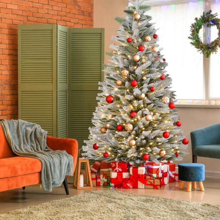 Kunstkerstboom met 450 ledverlichting, 210 cm premium kunstkerstboom met natuurwitte sneeuwvlokken, 1100 takpunten, van PE en pvc dennennaalden, snel op te bouwen, klapsysteem