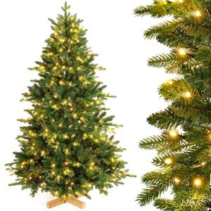 Nordmann-kunstkerstboom met verlichting, led-dennenboom met houten standaard voor kerstdecoratie, van PE en pvc, herbruikbaar, 210 cm