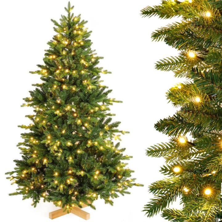Nordmann-kunstkerstboom met verlichting, led-dennenboom met houten standaard voor kerstdecoratie, van PE en pvc, herbruikbaar, 210 cm