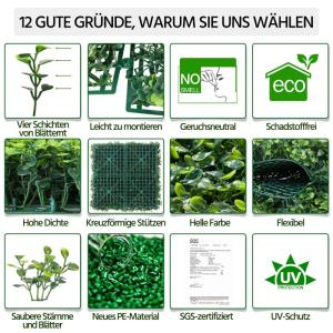 Kunstheg, klimop, inkijkbescherming, 50,5 x 50,5 cm, uv-bescherming, , heggenplant, windbescherming, doe-het-zelf, voor muur, balkon, tuin, groen, 12 stuks