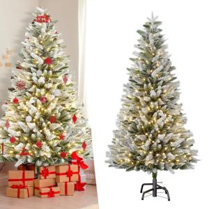 180 cm premium kunstkerstboom met warm wit verlichting, dennenboom met sneeuwspar, natuurlijk wit gevlokt voor kerstdecoratie, PE en pvc, met metalen standaard