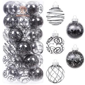 60 mm/2,36 inch onbreekbare doorzichtige plastic kerstbal ornamenten set met glitterschilderij, transparant, doorkijkend, kristallen ballen, kerstboomdecoraties (30 tellingen, zwar