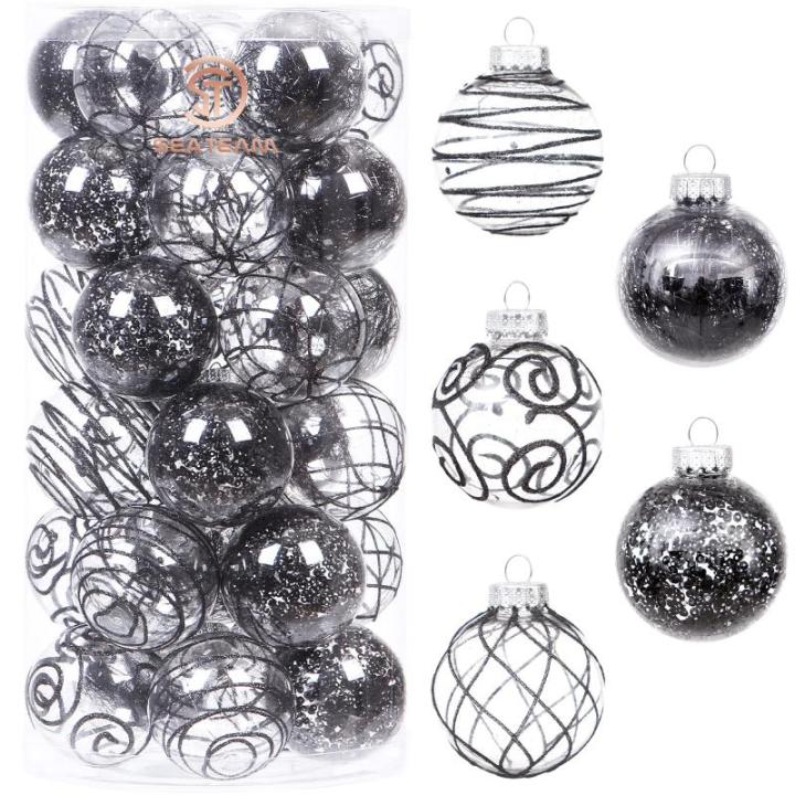 60 mm/2,36 inch onbreekbare doorzichtige plastic kerstbal ornamenten set met glitterschilderij, transparant, doorkijkend, kristallen ballen, kerstboomdecoraties (30 tellingen, zwar