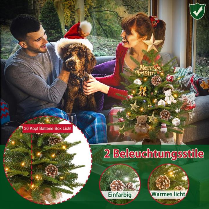 2X Weihnachtsbaum mit Deko Lichterkette 30 LED warm weiß Batterie, 60 cm Mini Kunstweihnachtsbaum mit Pinienzapfen, Tisch-Weihnachtsbaum, Weihnachtsdeko, Material PE+PVC,für Weih