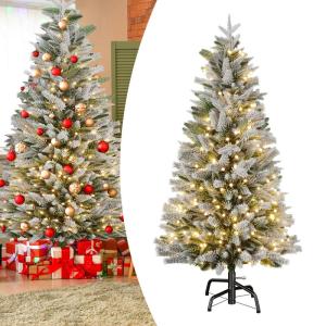Premium kunstkerstboom met led- en metalen standaard, dennenboom, kunstkerstboom met sneeuweffect, kunstkerstboom voor Kerstmis, kerstdecoratie (150 cm)
