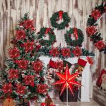 Kunstkerstbloemen, kerstboom bloemen met 15 clips, glitterbloemen, Kerstmis, kunstbloemen voor Kerstmis (rood)