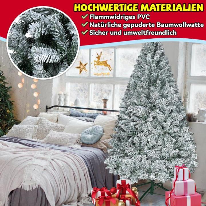 Kunstkerstboom, 180 cm, met metalen standaard en 995 takken, diameter 95 cm, moeilijk ontvlambaar, pvc-kerstboom met vlokken, sneeuweffect en snel op te zetten inklapsysteem