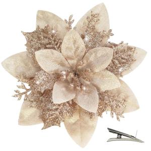 Poinsettia kerstster met glitters, 20 stuks, kerstbloemen, glinsterend voor kerstboomdecoraties (champagne)