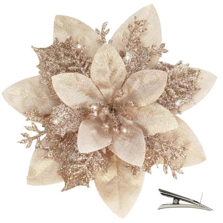 Poinsettia kerstster met glitters, 20 stuks, kerstbloemen, glinsterend voor kerstboomdecoraties (champagne)