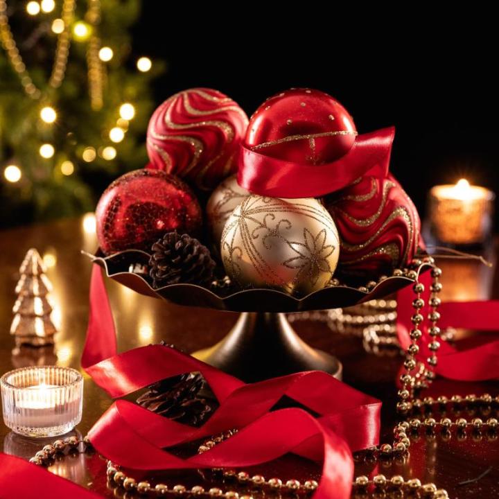 , 12 stuks, 8 cm, , met cadeaupakket, kerstboomversiering met hanger, decoratie Kerstmis, thema rood goud