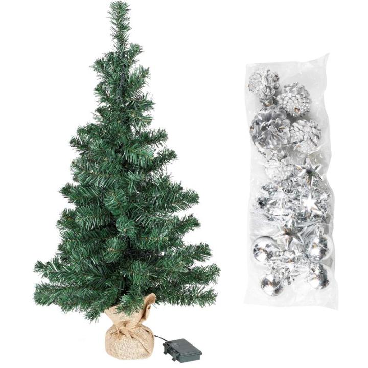 Kunstkerstboom, 75 cm, versierd met ballen, sterren, dennenappels, strikken, slinger, en een lichtkettting met 20 ledlichtjes, 1 batterij
