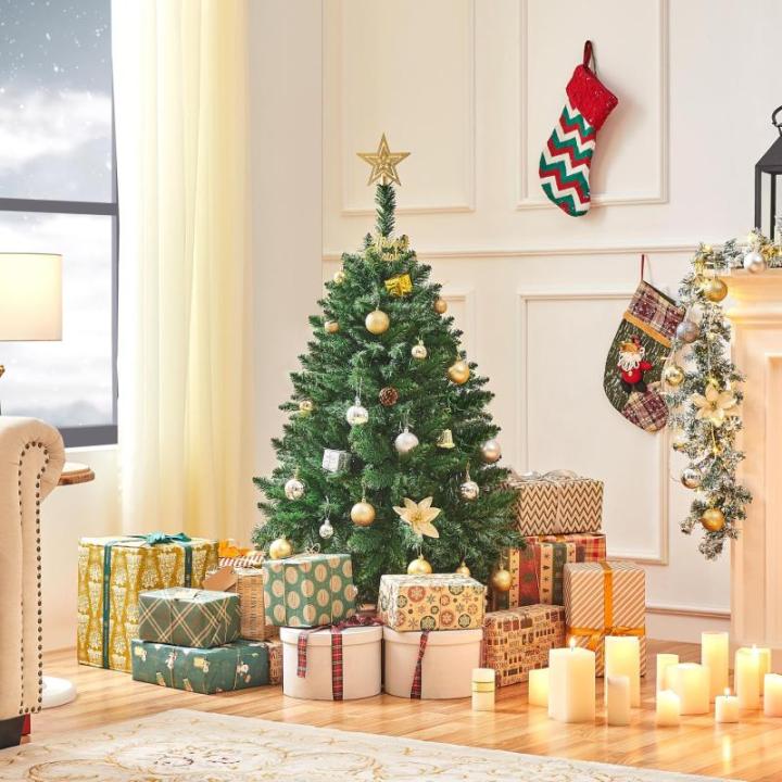 Kunstkerstboom, 122 cm, moeilijk ontvlambaar, pvc-kerstboom met 251 takken, kunstboom, incl. metalen standaard met houtnerf, sparrenhout, groen