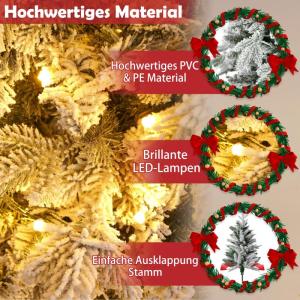 180 cm premium kunstkerstboom met warm wit verlichting, dennenboom met sneeuwspar, natuurlijk wit gevlokt voor kerstdecoratie, PE en pvc, met metalen standaard