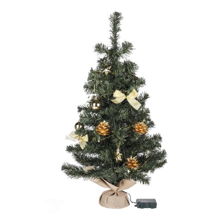 Kunstkerstboom, 75 cm, versierd met ballen, sterren, dennenappels, strikken, slinger, en een lichtkettting met 20 ledlichtjes, 1 batterij