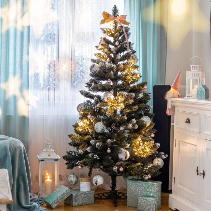 Kunstkerstboom met zilveren kralen en rijp, 220 cm dennenboom van pvc, groene kerstboom met 535 takken, kunststof standaard, Ø ca. 120 cm (premium sneeuwvlok 220 cm)