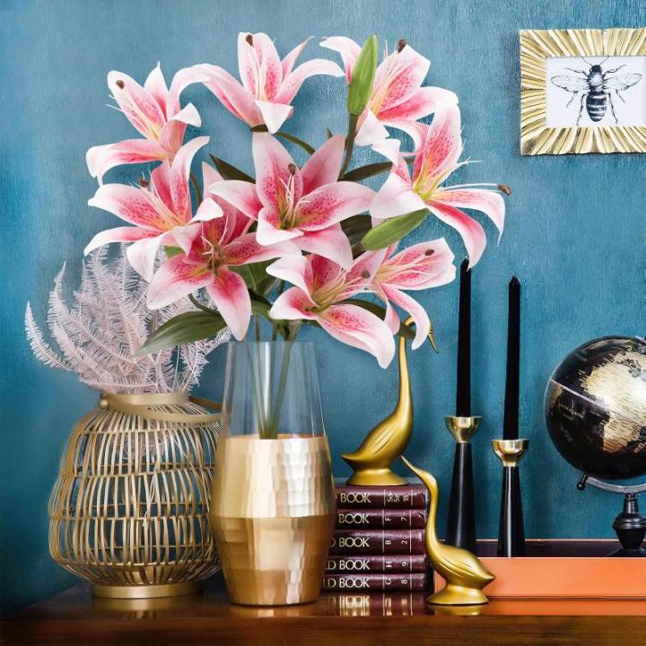 Kunstleliebloemen met 12 hoofden, lange steel kunstmatige lelies met 9 hoofden, volledige bloei, lelie en 3 lelieknoppen, namaakboeketten voor thuis, hotel, bloemstuk, feestdecorat