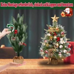 60 cm mini-kerstboom, kunstkerstboom met verlichting, kunstkerstboom met sneeuweffect, met 30 warmwitte leds, dennenappels en rode bessen voor Kerstmis