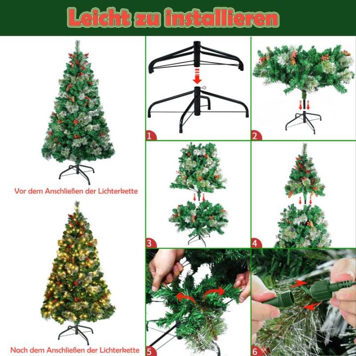 Kunstkerstboom met verlichting, 120 cm, 8 modi, dennenboom, groen, pvc, kerstboom voor kerstdecoratie, met dennenappels, dennennaald en dennennaald, klapsysteem, opvouwbare standaa