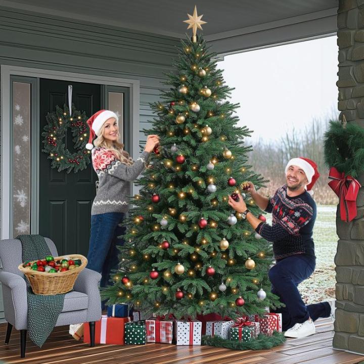 Nordmann Kunstkerstboom, pvc en PE, 180 cm, kunstdennenboom met houten standaard, verlichting led, vlamvertragend, automatische kerstboom, natuurgetrouwe kunstkerstboom