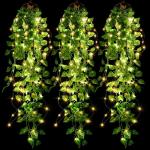 3 stuks kunstmatige hangende planten 1,1 m nep klimop wijnstok bladeren opknoping planten slinger met 3 stuks 30 LED snaren voor muur huis tuin bruiloft slinger buiten decoratie, g