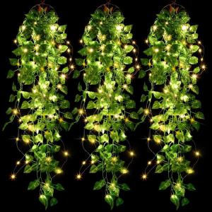 3 stuks kunstmatige hangende planten 1,1 m nep klimop wijnstok bladeren opknoping planten slinger met 3 stuks 30 LED snaren voor muur huis tuin bruiloft slinger buiten decoratie, g