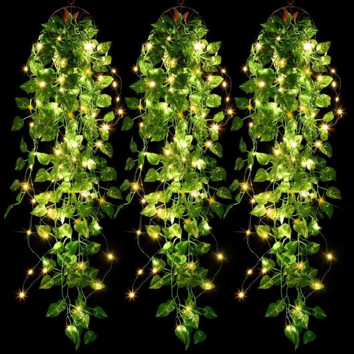 3 stuks kunstmatige hangende planten 1,1 m nep klimop wijnstok bladeren opknoping planten slinger met 3 stuks 30 LED snaren voor muur huis tuin bruiloft slinger buiten decoratie, g