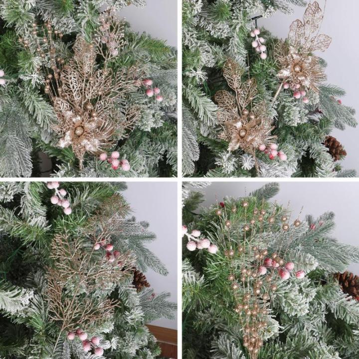 28 stuks kerst glitter bloemen bessen stelen kunstmatige kersttakken, kerstboomversiering, kunsttakken, kerstboom, plukken voor doe-het-zelf vakantie, handwerk, krans, woondecorati